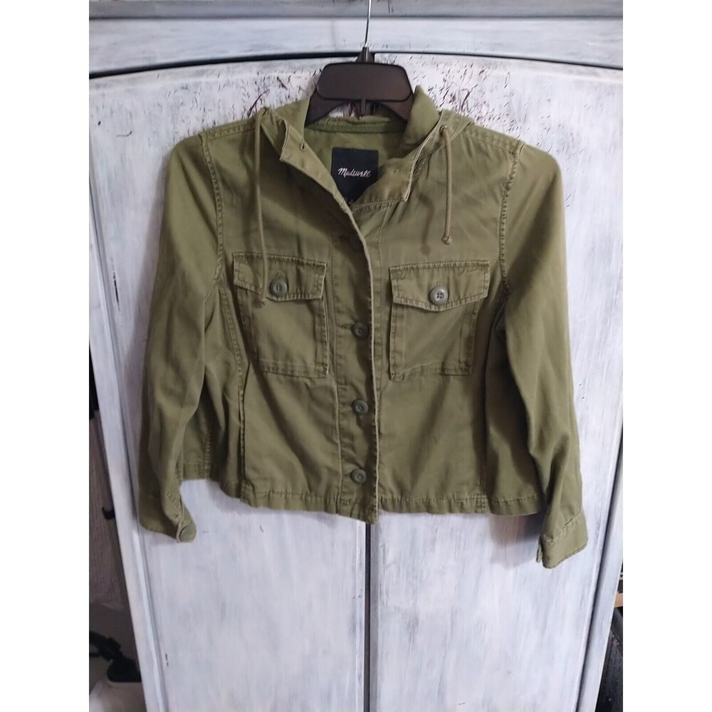 Madewell Hooded  Button Up Jacket Olive Green Small Outdoorsy Military